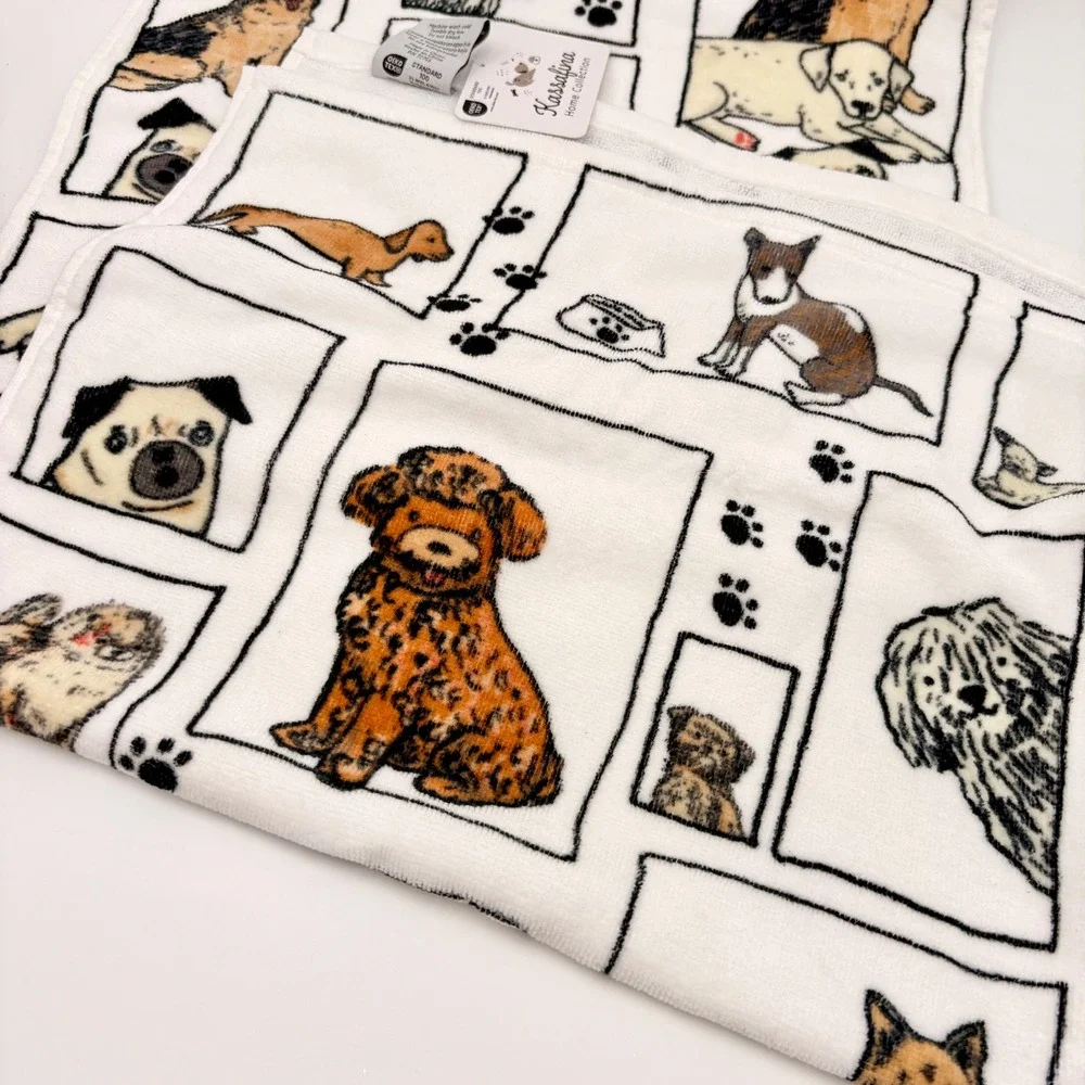 Kassafina Home Collection Dog Pawtraits White Cotton Wash & Hand Towels Set of 4